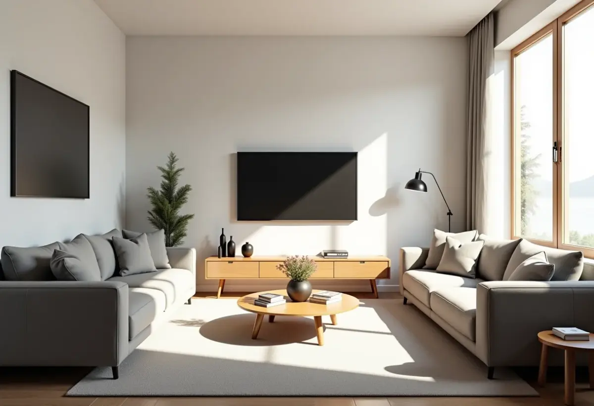 Sala de TV simples e aconchegante com decoração minimalista