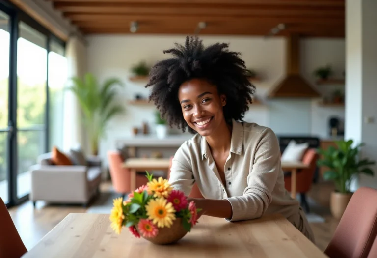 Sala e jantar integradas com mulher negra decorando.