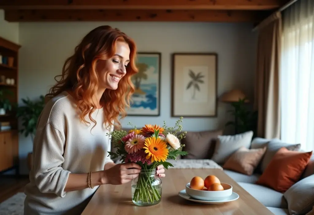 Sala e jantar integrados em L com decoração acolhedora e mulher sorrindo