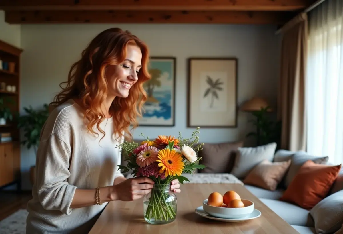 Sala e jantar integrados em L com decoração acolhedora e mulher sorrindo