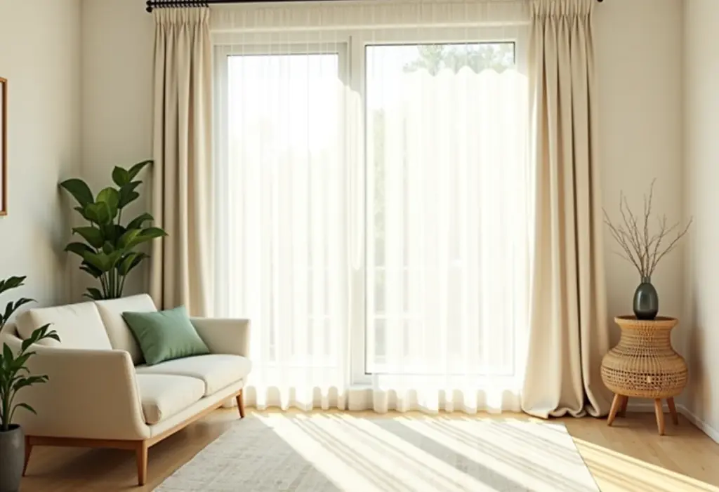 Sala pequena com cortinas de linho claras e iluminação natural