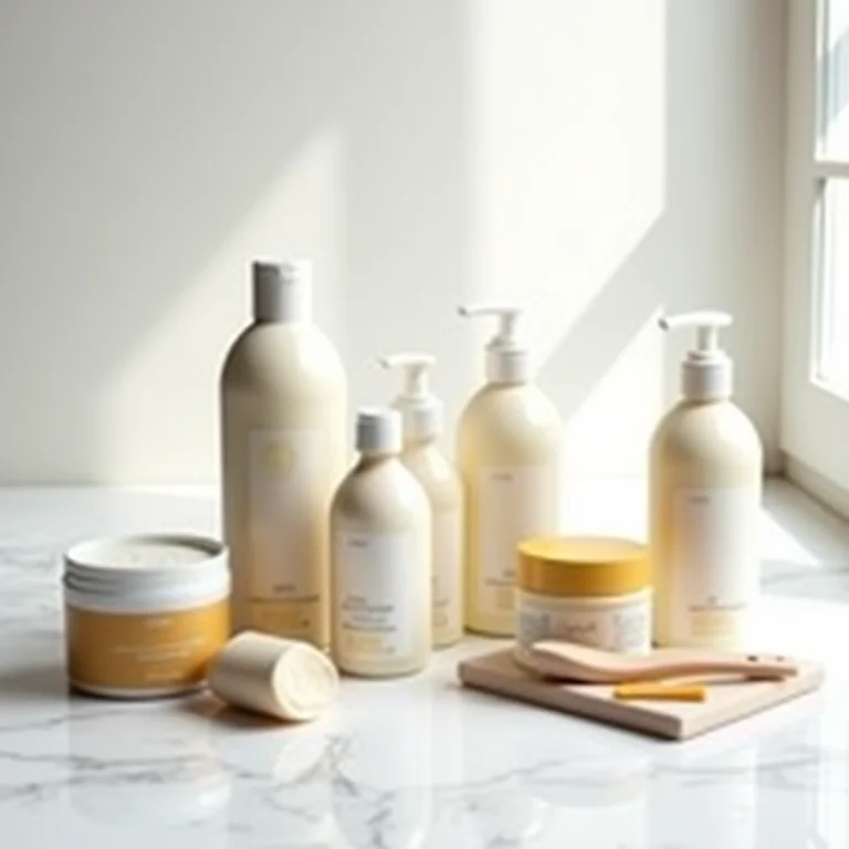 Seleção de produtos capilares low poo em fundo de mármore branco