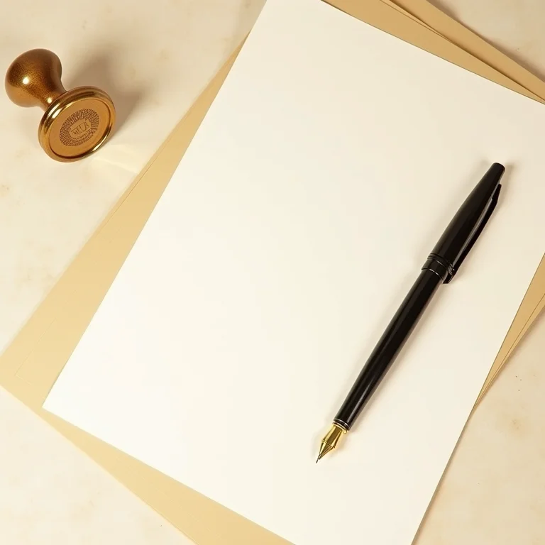 Selo de cartório, caneta tinteiro e documentos legais organizados