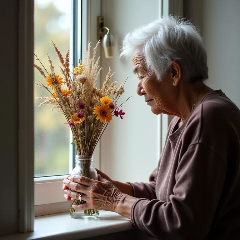 Senhora asiático-brasileira arrumando flores secas em um vaso.