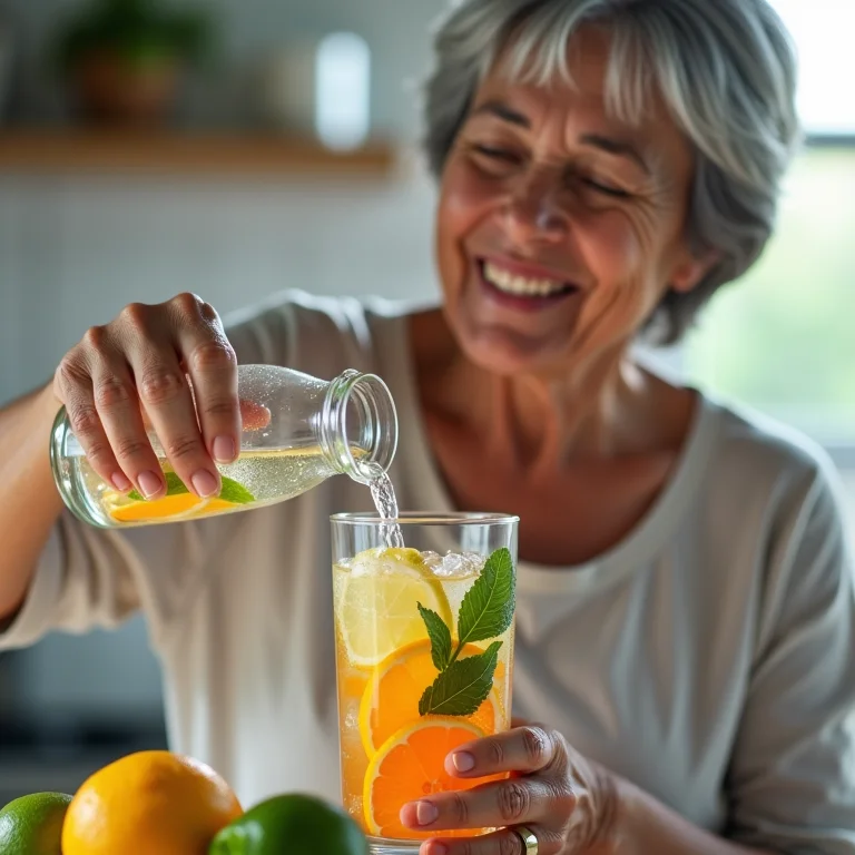 Senhora asiático-brasileira preparando bebida refrescante