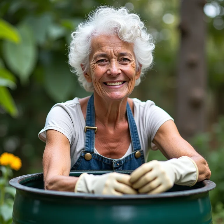 Senhora coletando água da chuva no jardim