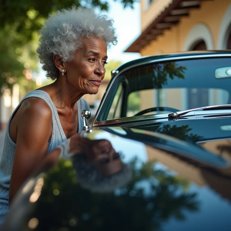 Senhora negra admirando o brilho da pintura vitrificada de seu carro.