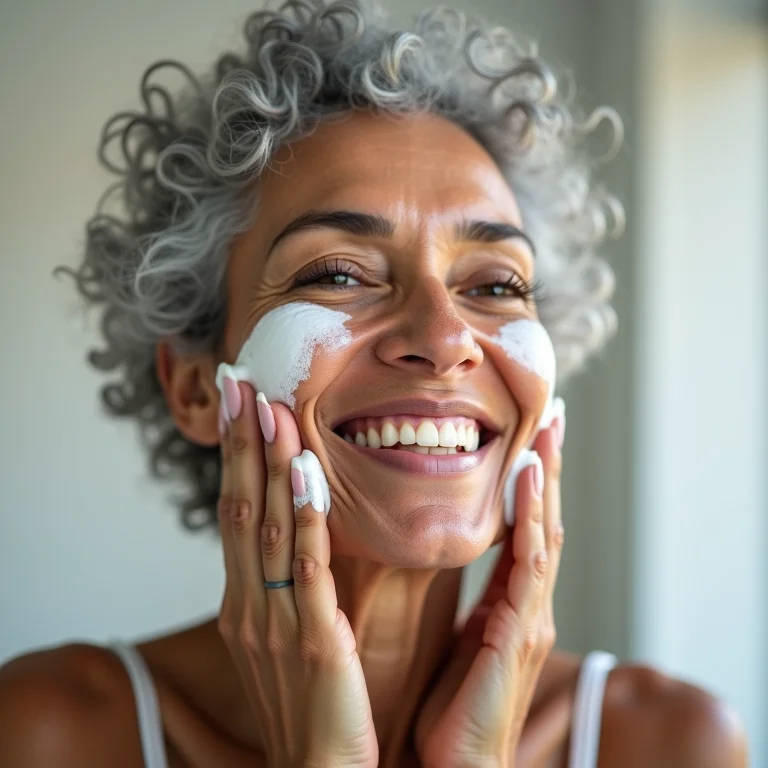 Senhora negra lavando o rosto com espuma de limpeza