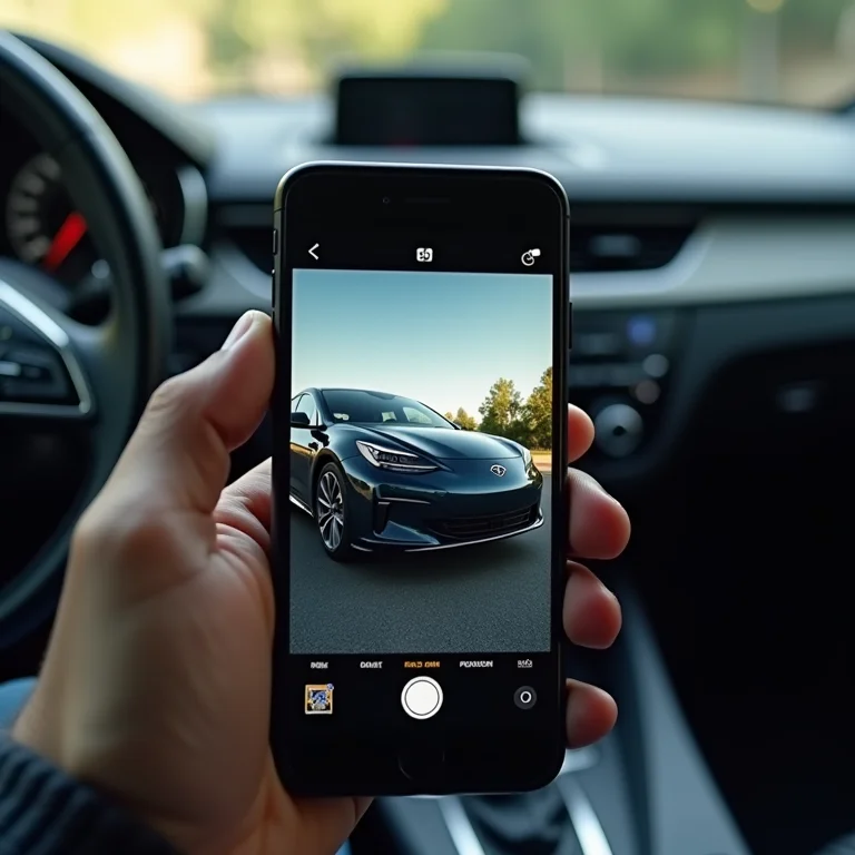 Smartphone com fotos de alta qualidade de um carro.