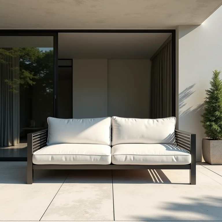 Sofá de alumínio moderno em um pátio minimalista.