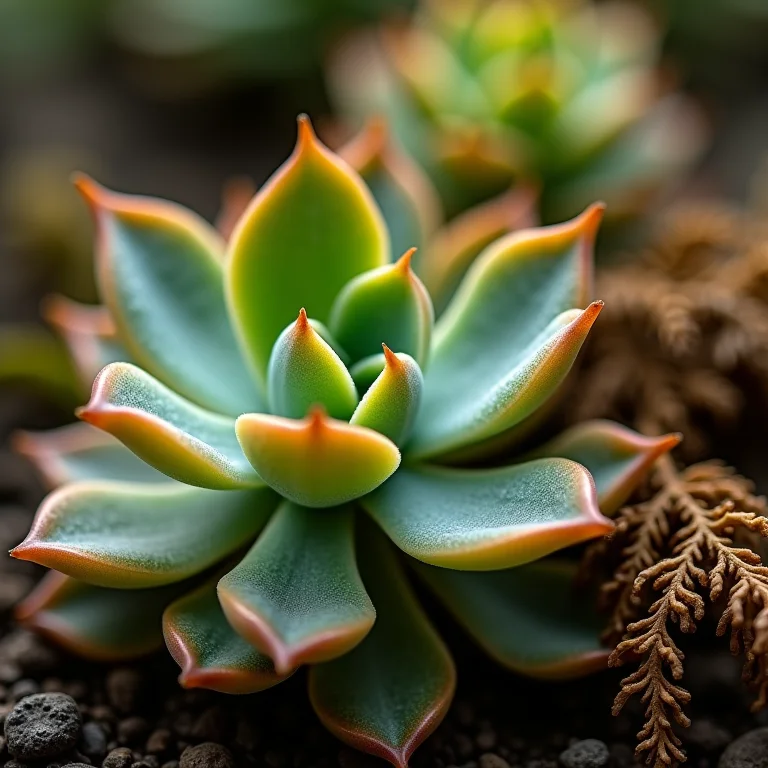 Suculenta encharcada com folhas amareladas e samambaia seca.