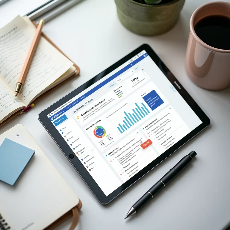 Tablet mostrando o painel do RD Station Marketing, cercado de materiais de escritório.