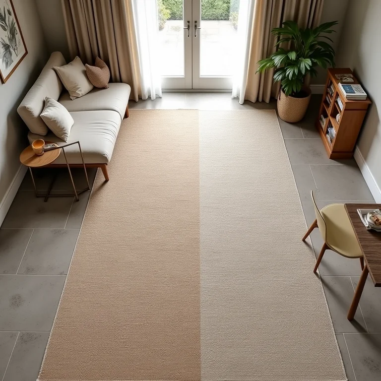 Tapetes e pisos demarcando espaços de sala e jantar em L