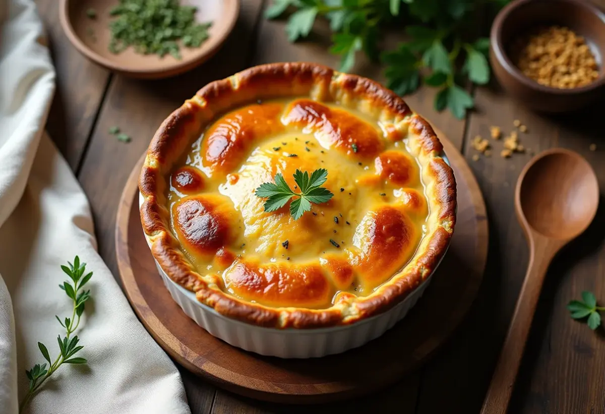 Torta de frango cremosa caseira em mesa de madeira rústica