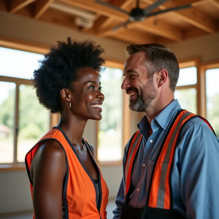 Trabalhadores da construção civil em casa de steel frame