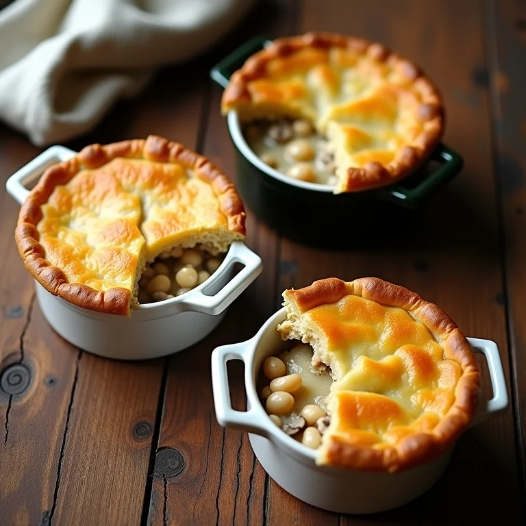 Três versões diferentes de torta de frango em mesa de madeira