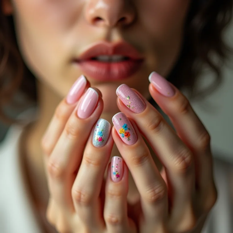 Unhas encapsuladas com adesivos coloridos em mulher asiática
