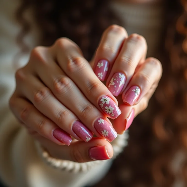 Unhas encapsuladas com flores secas em mulher brasileira