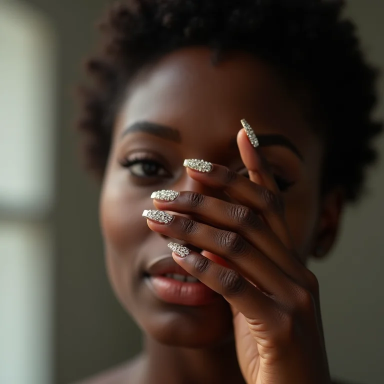Unhas encapsuladas com pedrarias em mulher negra