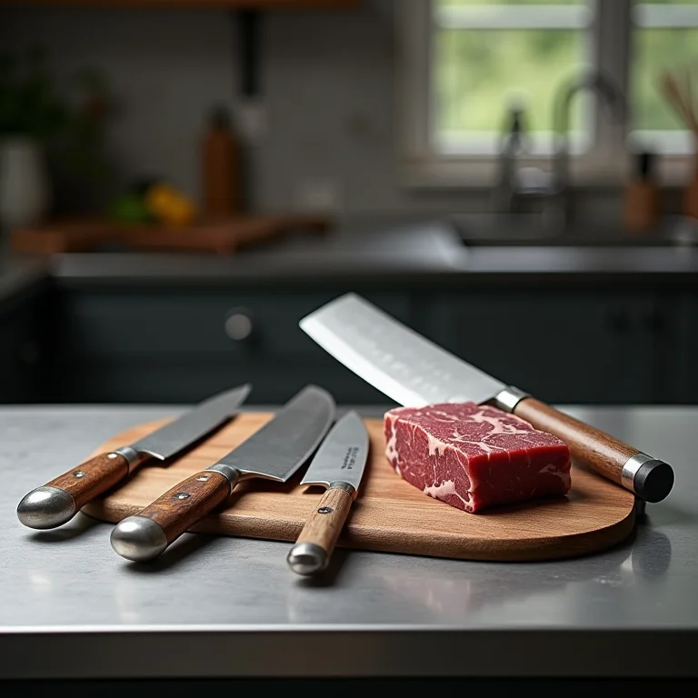 Utensílios de açougueiro organizados em bancada de inox