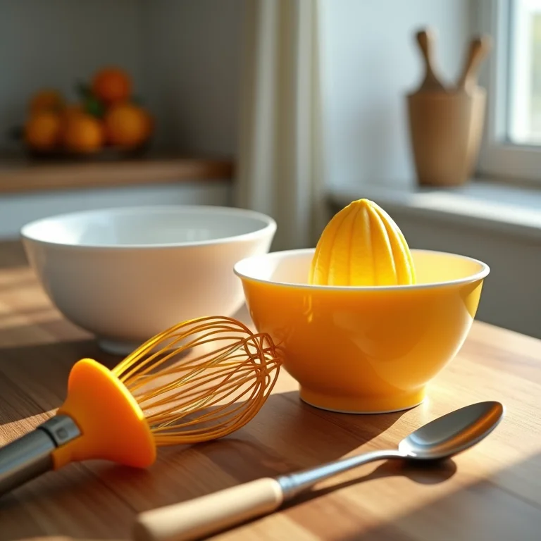 Utensílios para preparar molho de limão: batedor, espremedor, tigela e colher.