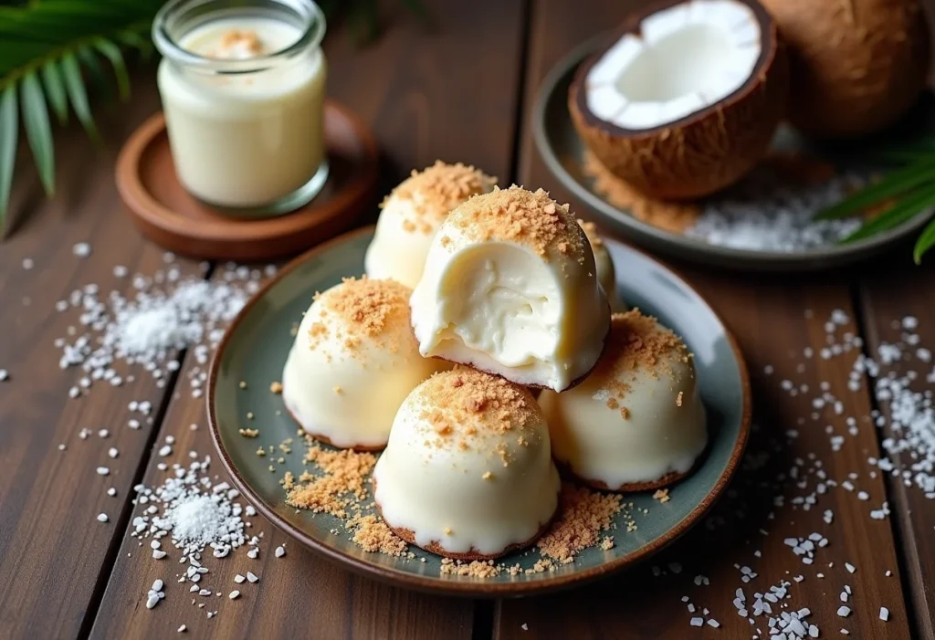 Variedade de doces de coco caseiros em mesa rústica.