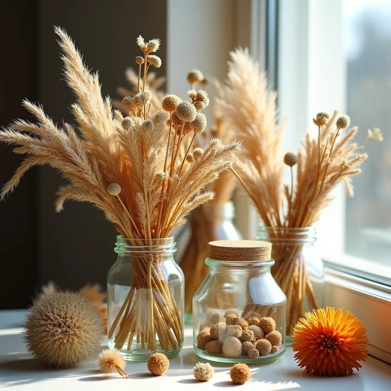 Variedade de flores secas em potes de vidro, exibindo sua durabilidade.
