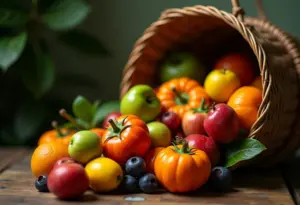 Variedade de frutas frescas em cesta de vime