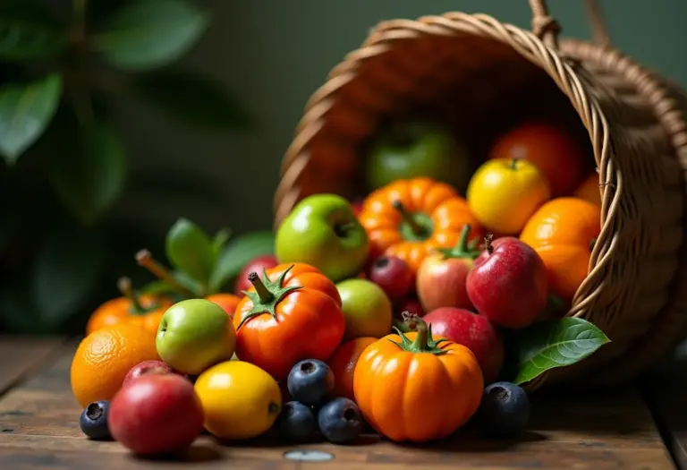 Variedade de frutas frescas em cesta de vime