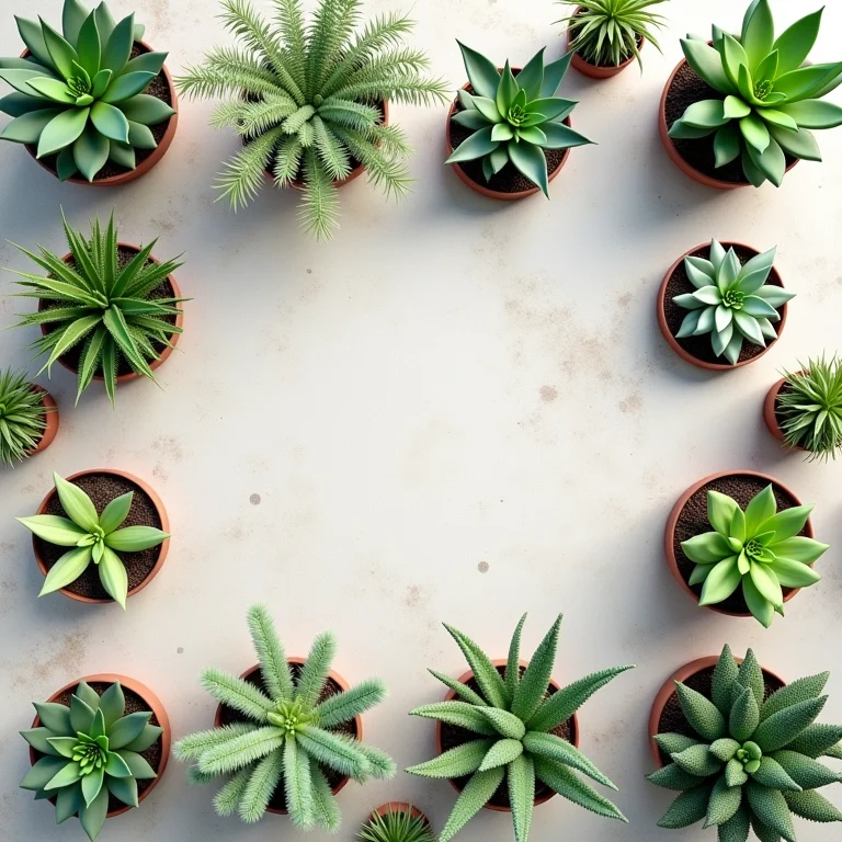 Variedade de plantas resistentes à seca dispostas em um flat lay.