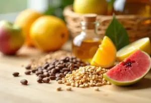 Variedade de produtos naturais orgânicos em composição minimalista.
