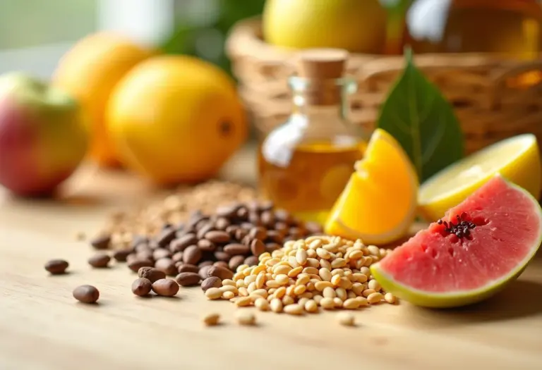 Variedade de produtos naturais orgânicos em composição minimalista.