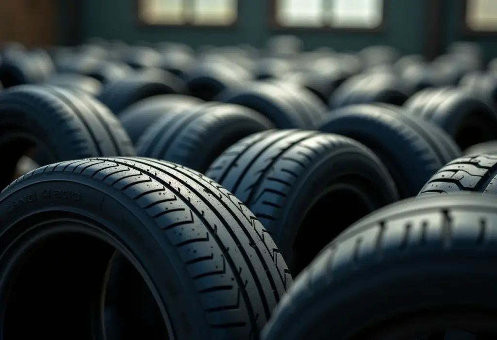 Pneu: A história surpreendente da sua invenção (e quem criou) Vários pneus exibindo diferentes padrões e designs.