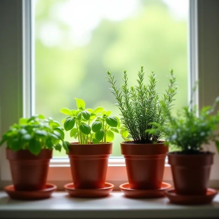 Vasos de ervas aromáticas decorando uma janela ensolarada.