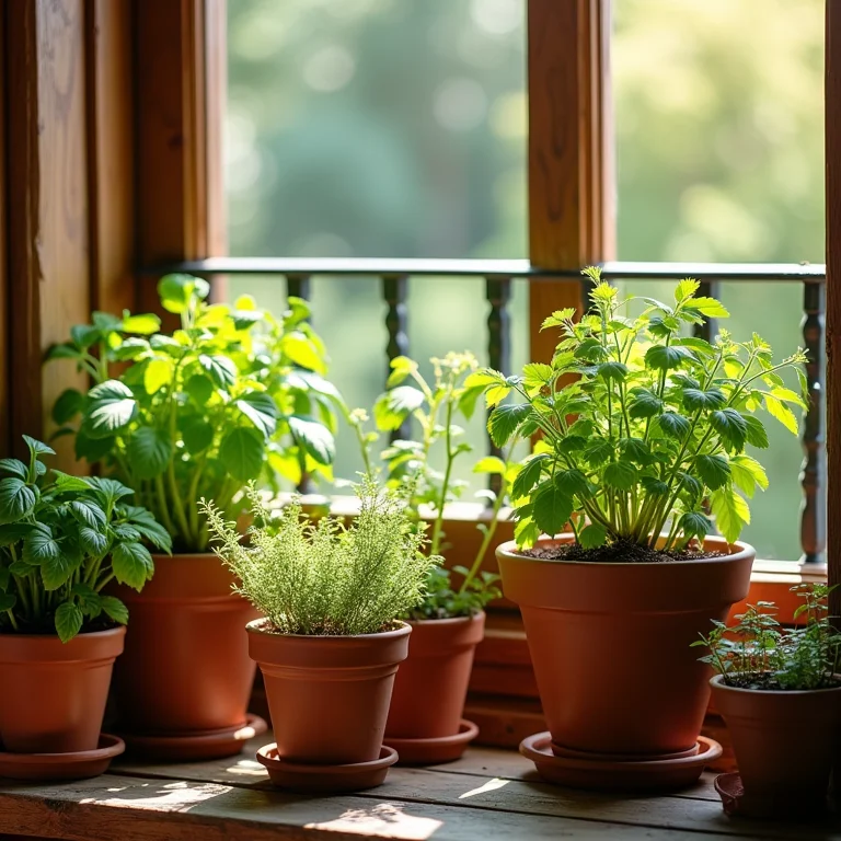 Vasos e jardineiras com ervas e flores