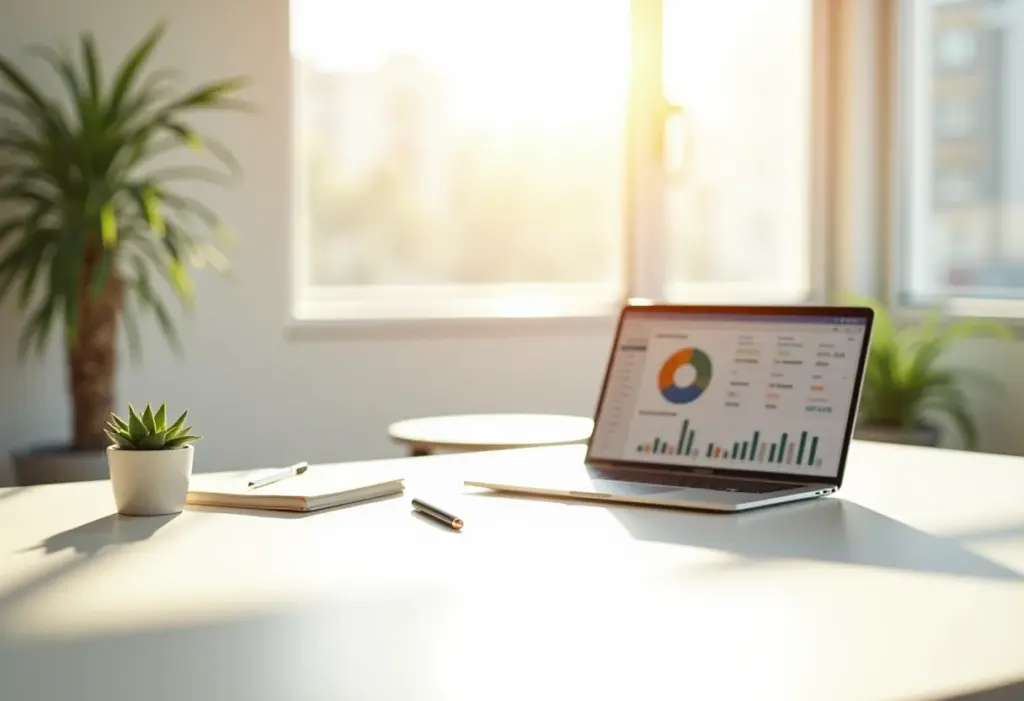 KPIs: Os indicadores de desempenho que sua empresa precisa Visão geral de escritório moderno com laptop mostrando KPIs