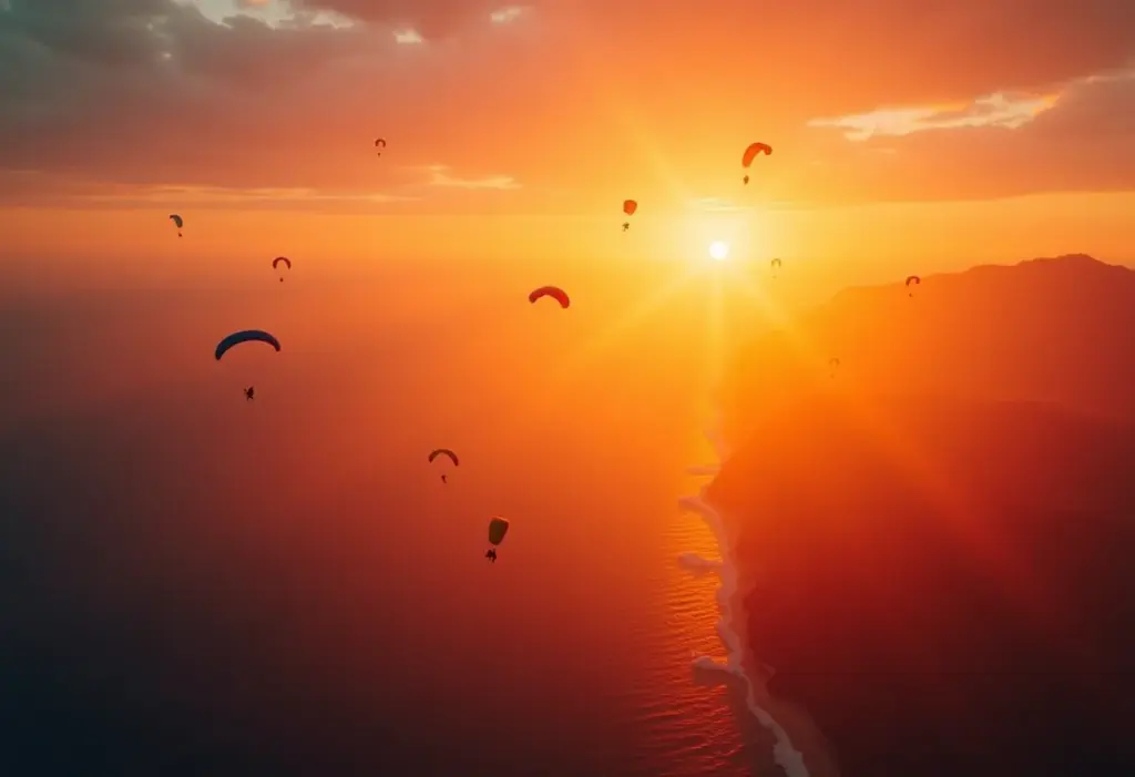 A Invenção do Paraquedas: A História Surpreendente que Você Não Conhece Vista aérea de paraquedistas no pôr do sol