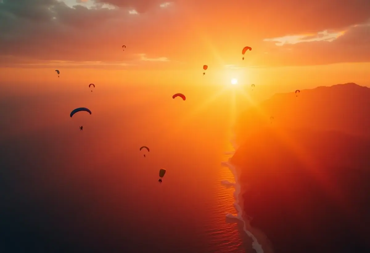 Vista aérea de paraquedistas no pôr do sol