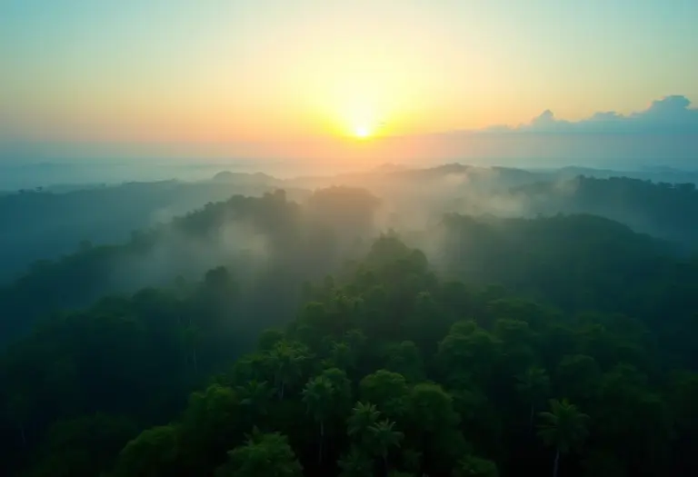 Vista panorâmica da floresta amazônica ao nascer do sol