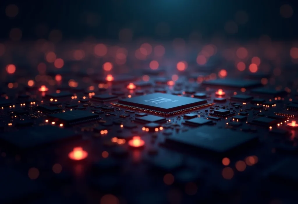 Visualização conceitual de computação quântica com circuitos e luzes.