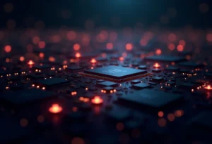 Computação Quântica: O futuro da tecnologia ao seu alcance? Visualização conceitual de computação quântica com circuitos e luzes.