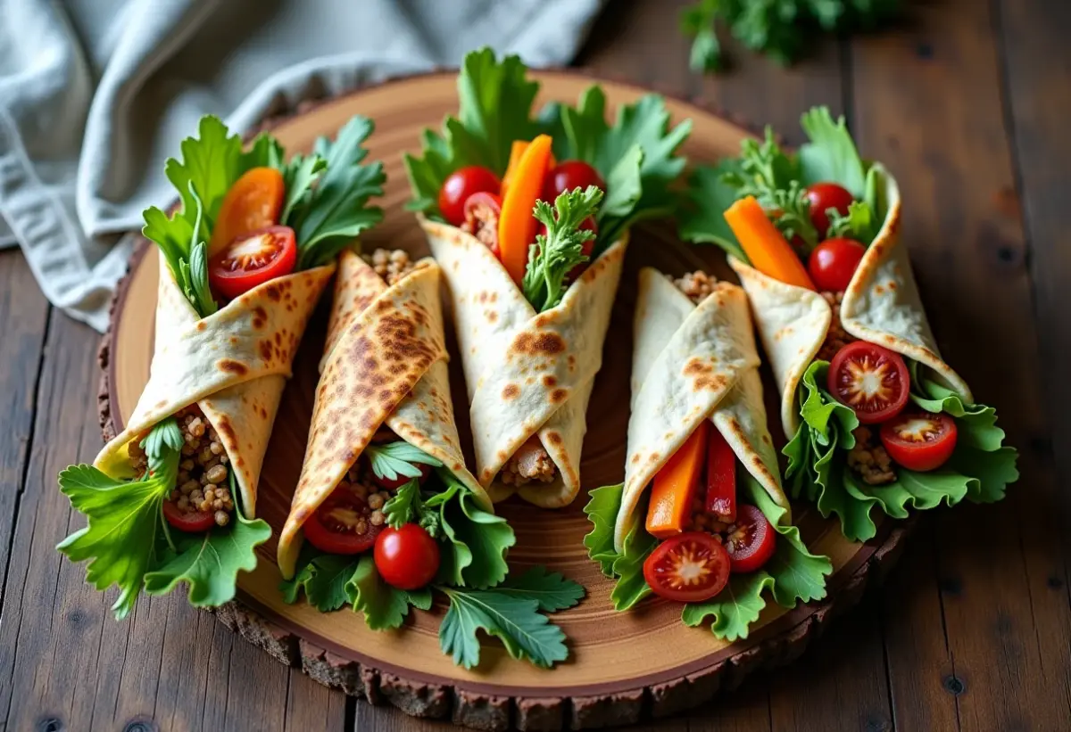 Wraps de frango variados dispostos em mesa de madeira rústica