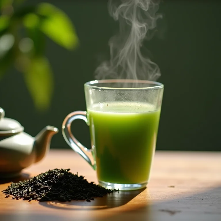 Xícara de chá verde com folhas soltas e bule de cerâmica