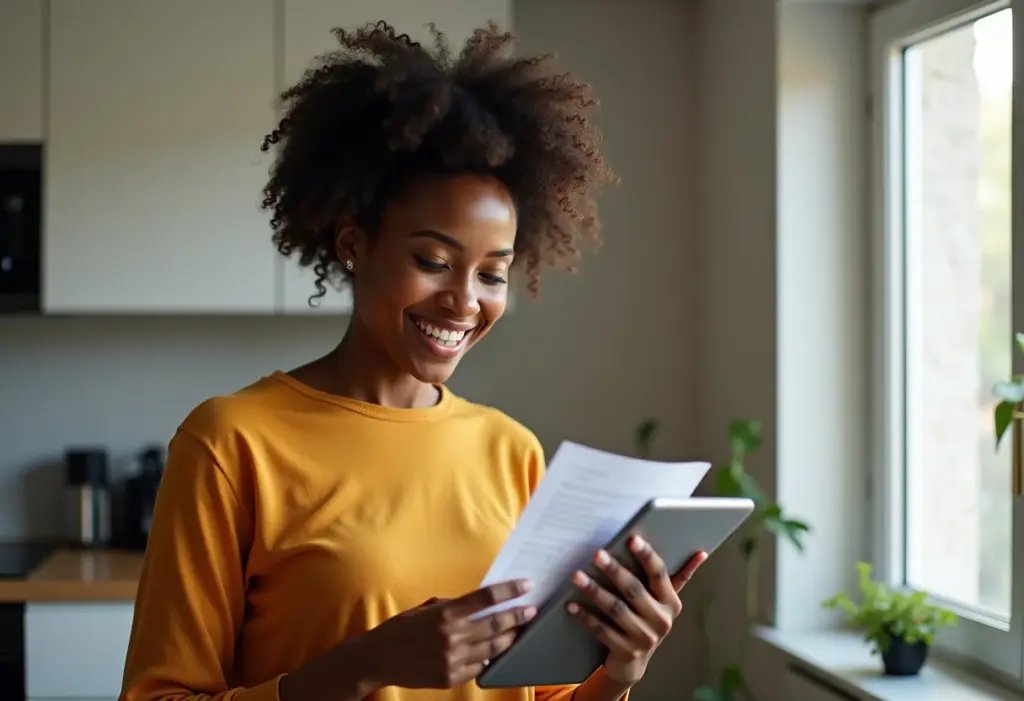 Zeladora MEI sorrindo e organizando documentos