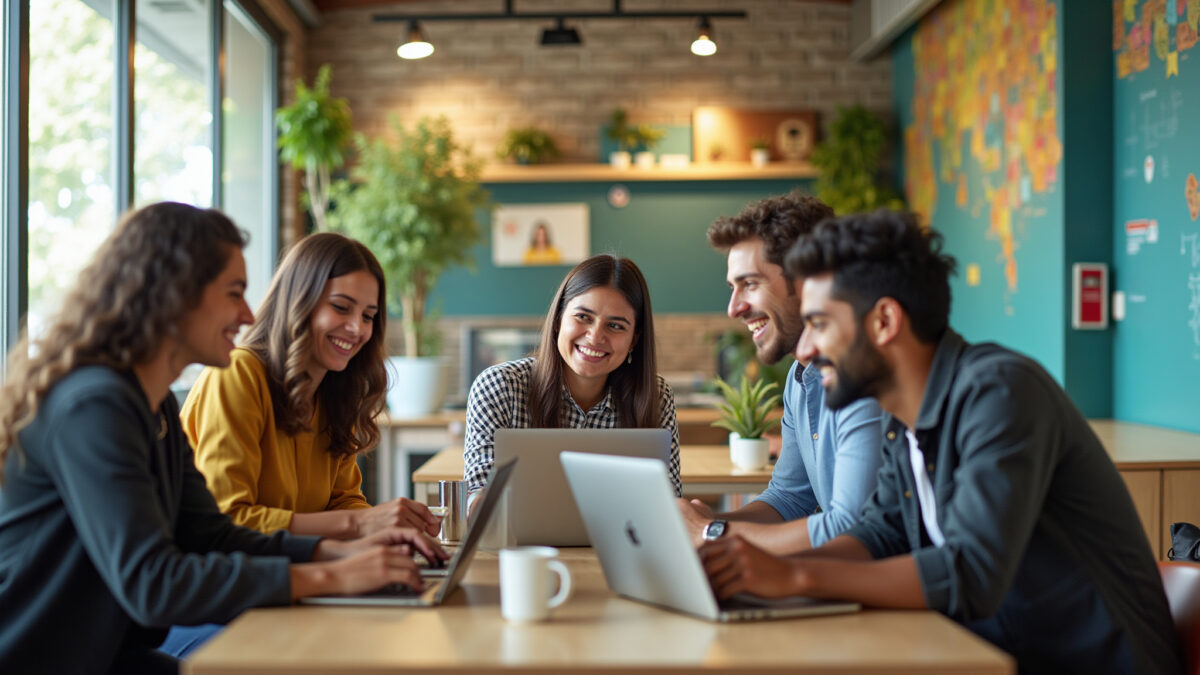 Profissionais diversos colaborando em agência de marketing digital.
