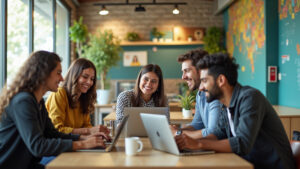 Profissionais diversos colaborando em agência de marketing digital.