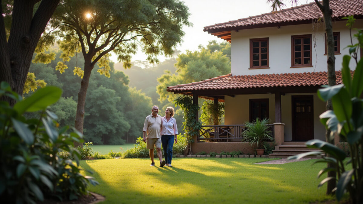 Casa charmosa em Canela com jardim exuberante e casal apreciando a vista.