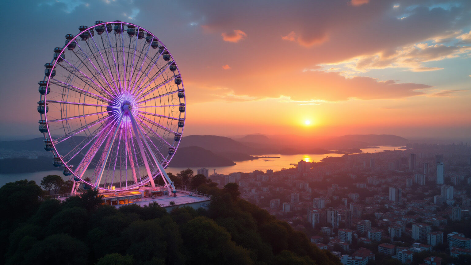 Roda gigante Yup Star em Foz do Iguaçu com vista panorâmica ao pôr do sol.