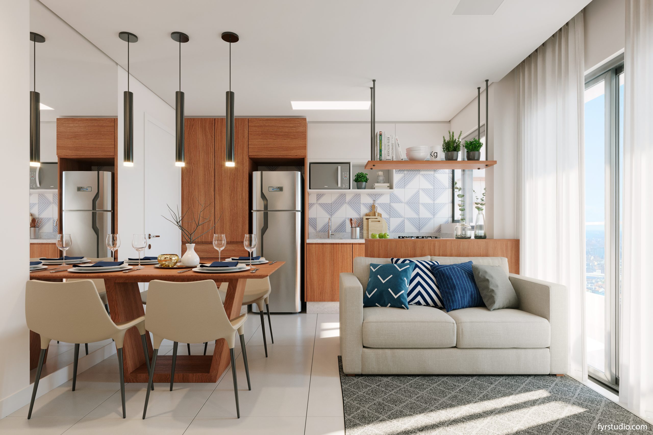 decoração de sala de estar e jantar integradas com divisória