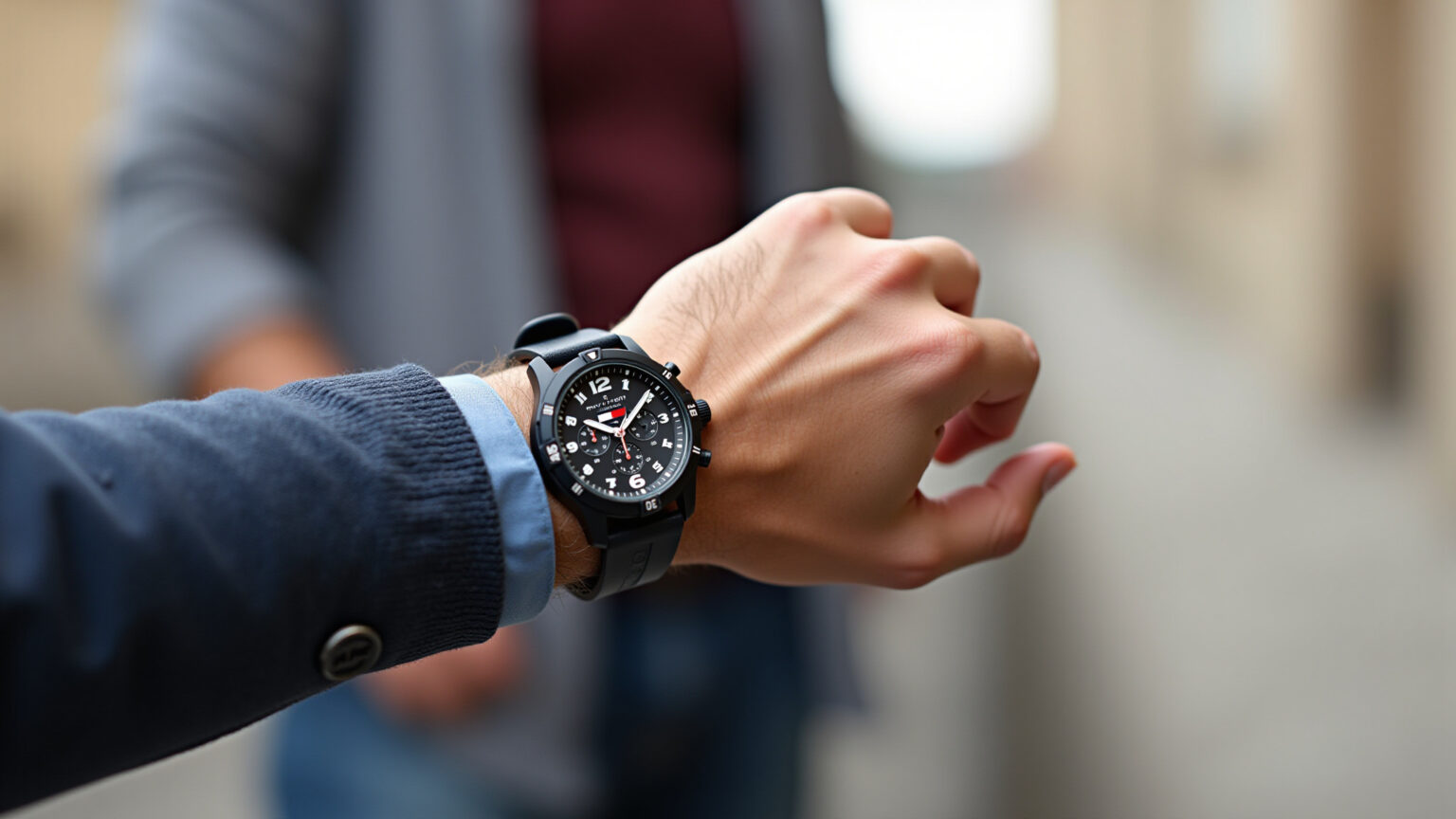 Homem usando relógio Tommy Hilfiger em ambiente urbano.